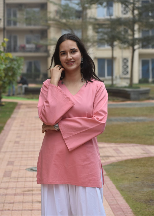 pink short kurti with v neck and bell sleeves