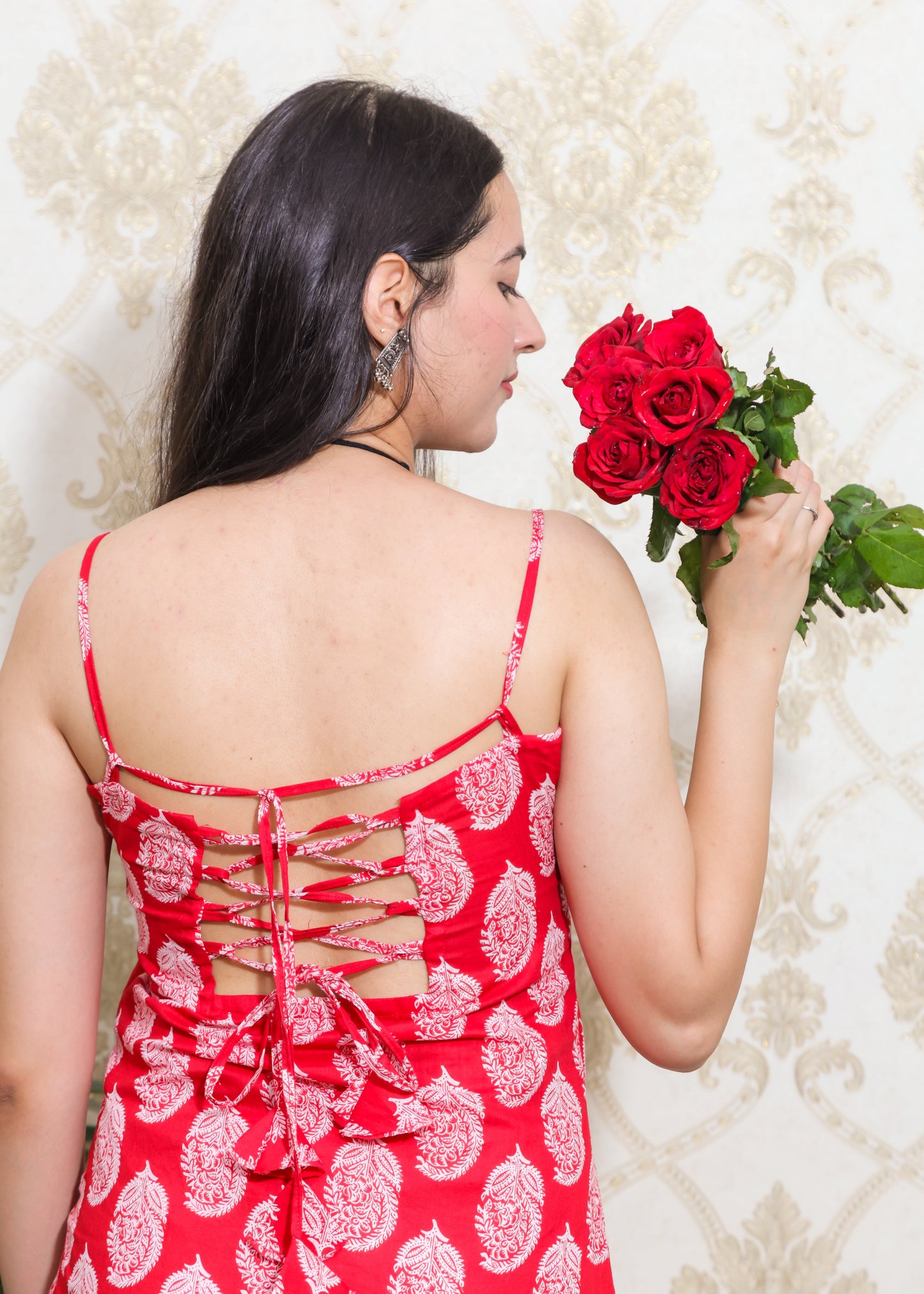 Red and white block print corset-style backless short kurti