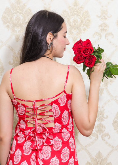 Red and white block print corset-style backless short kurti