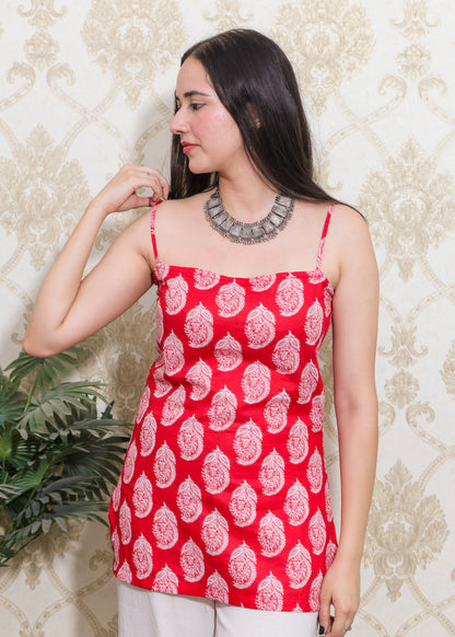 Red noodle strap corset back short kurti