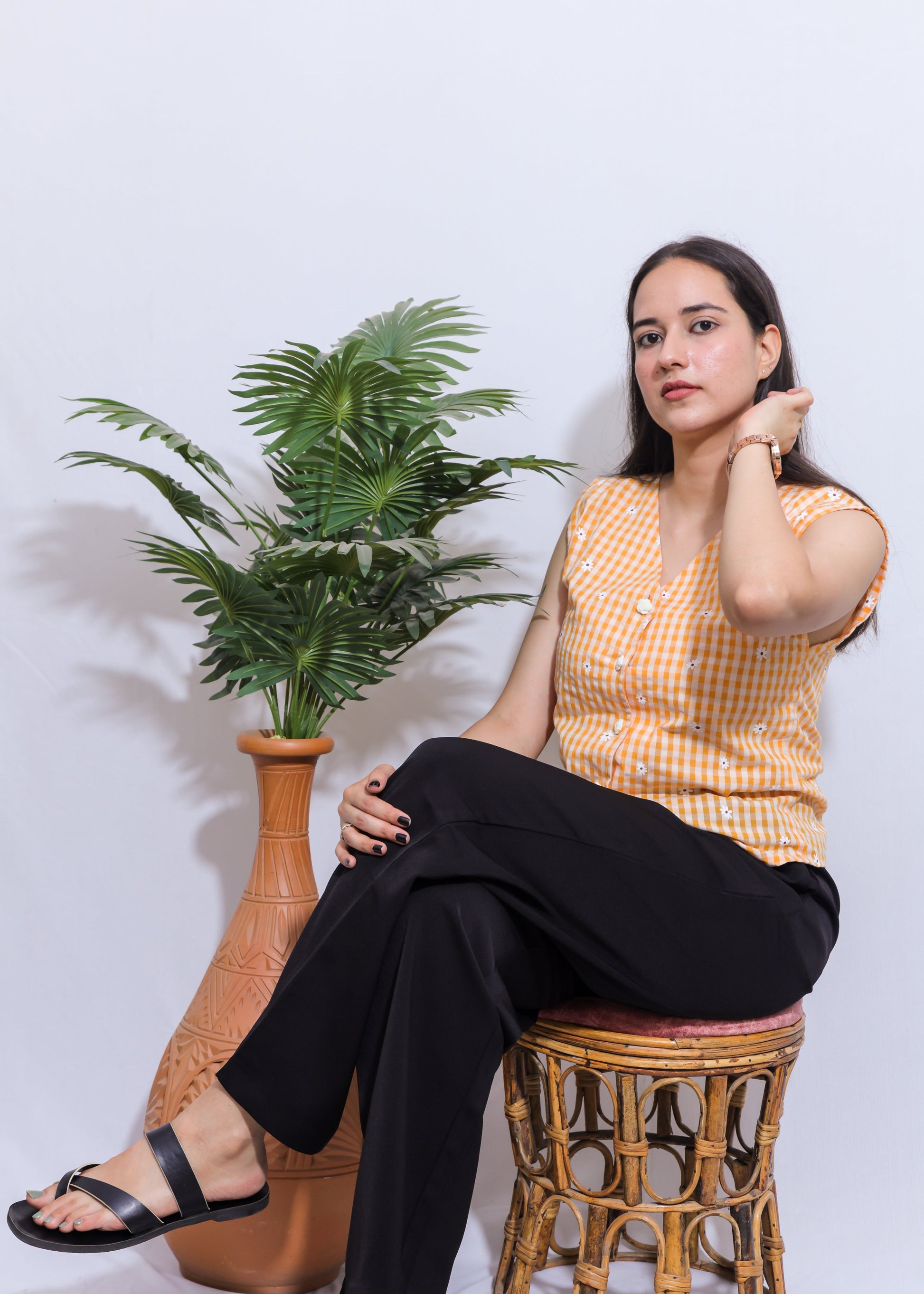 Yellow V-neck gingham ethnic waistcoat