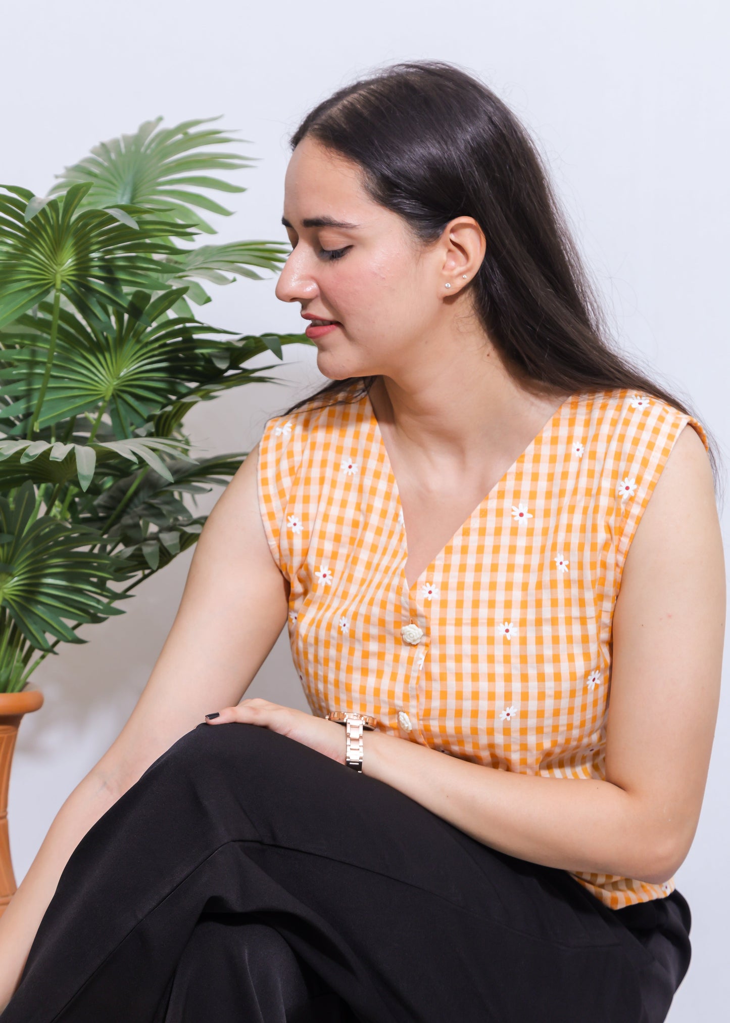 yellow gingham ethnic waiscoat with daisy detailings