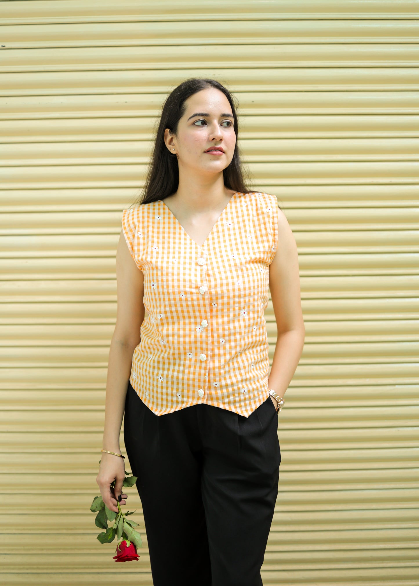 Yellow gingham ethnic waistcoat