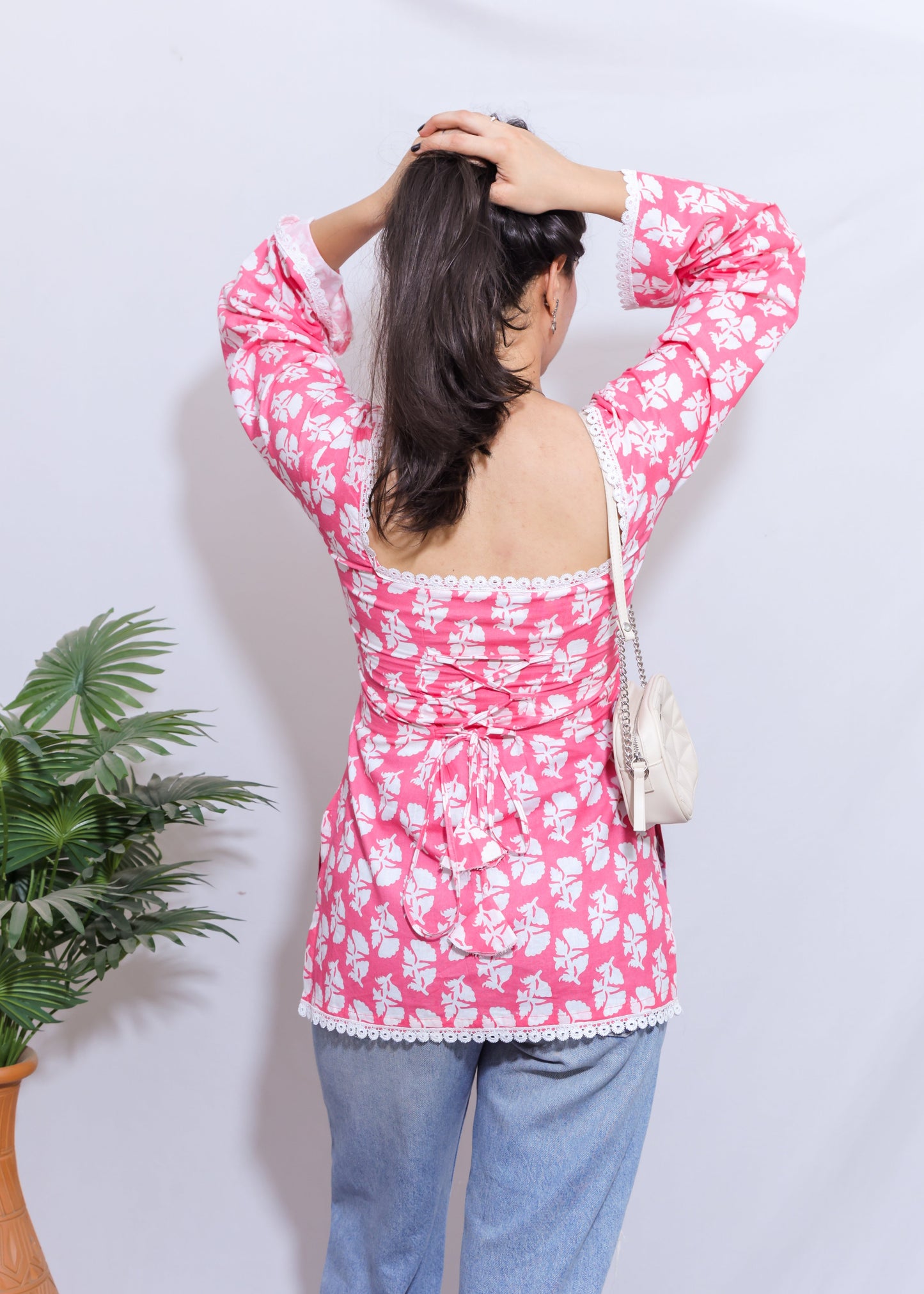 pink sqaure neck short kurti with corset back
