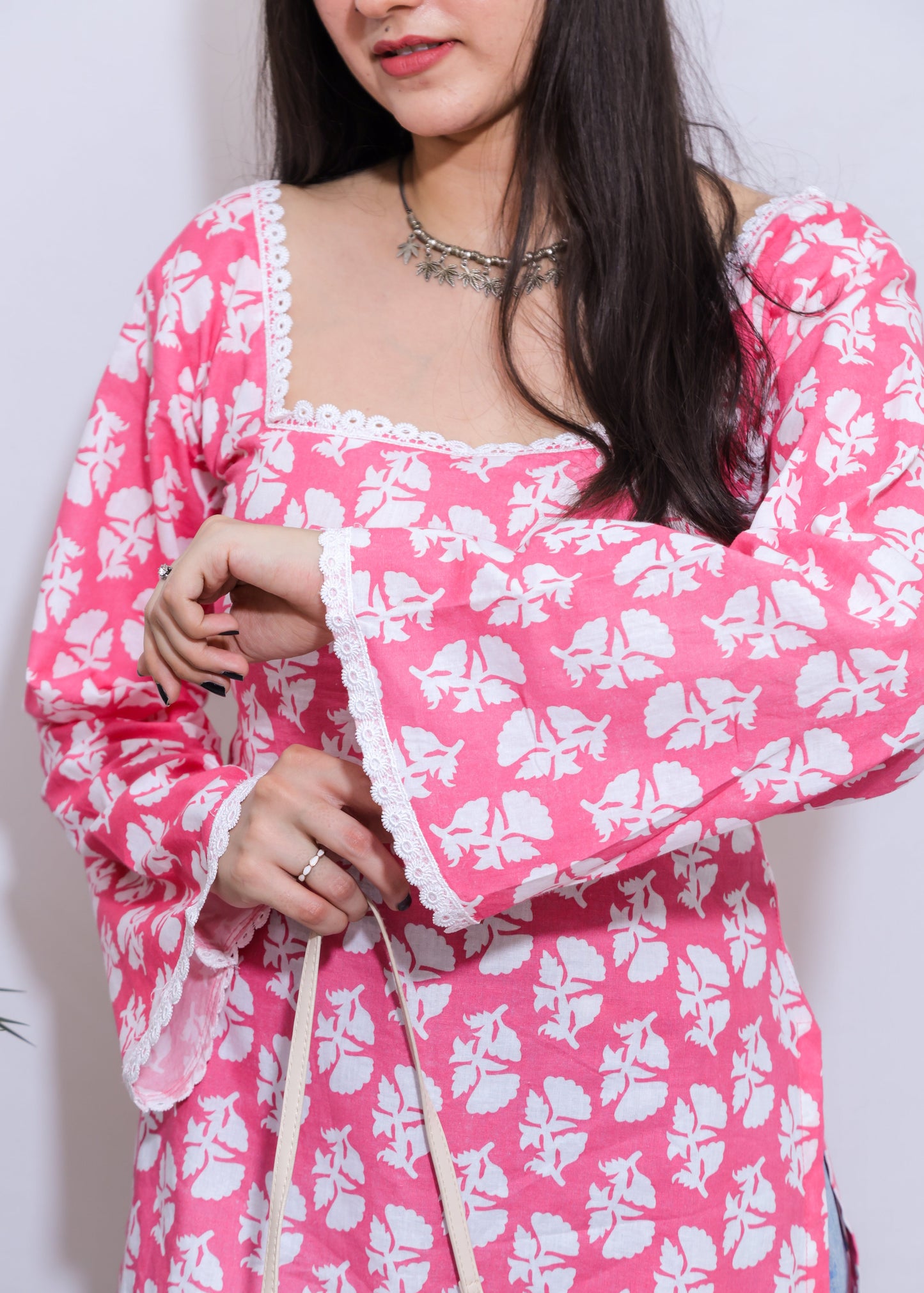 pink square neck bell sleeved short kurti- House of Sifar