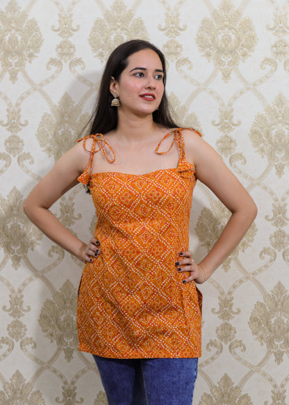Orange and yellow bandhani short kurti with corset back- House of Sifar