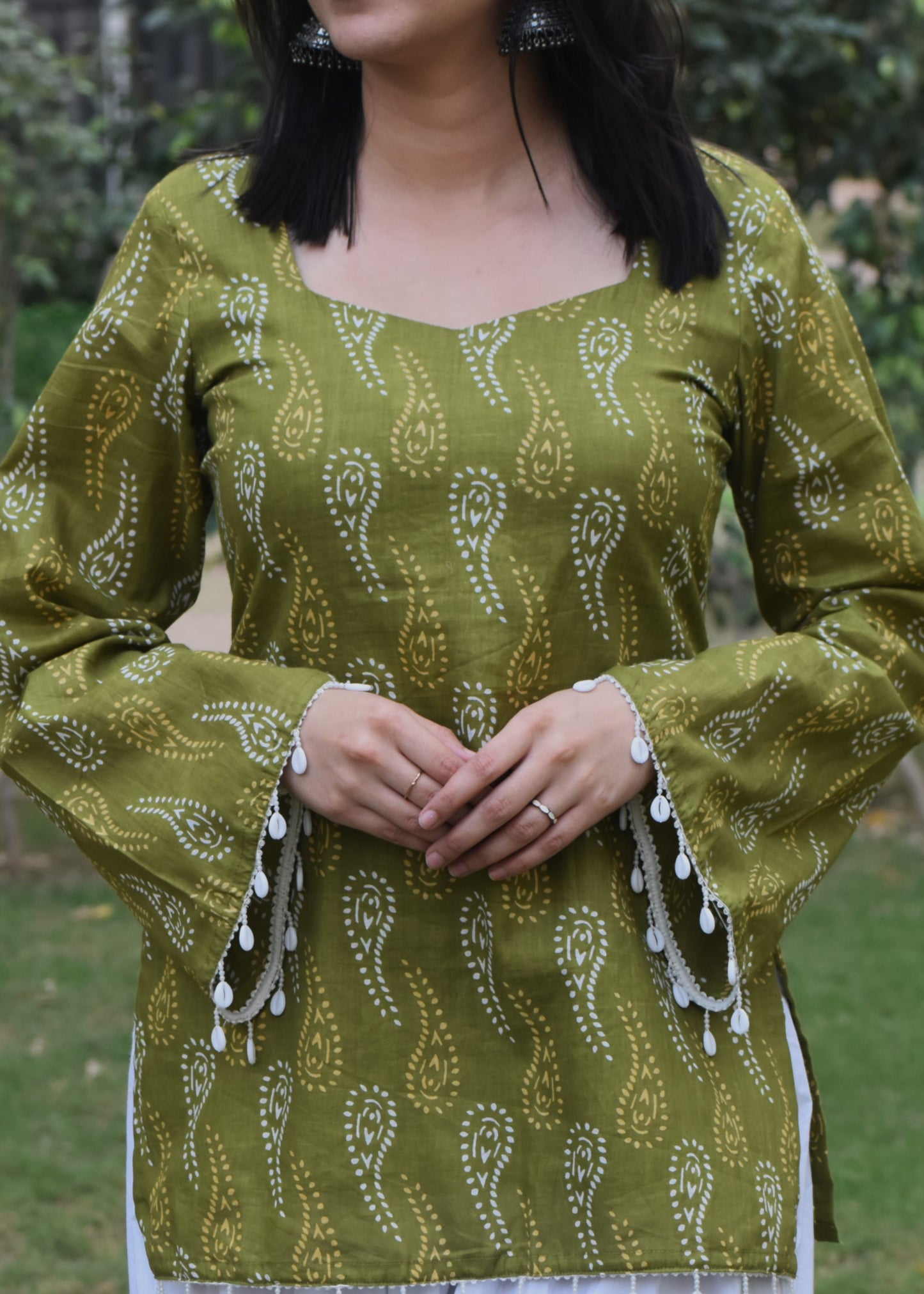 green pakistani bell sleeved short kurti