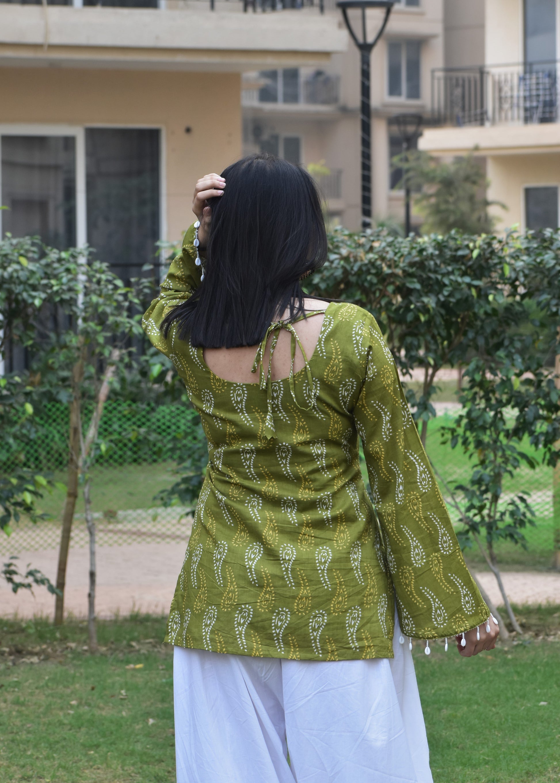 green paisley print pakistani sleeves short kurti with shell detailing