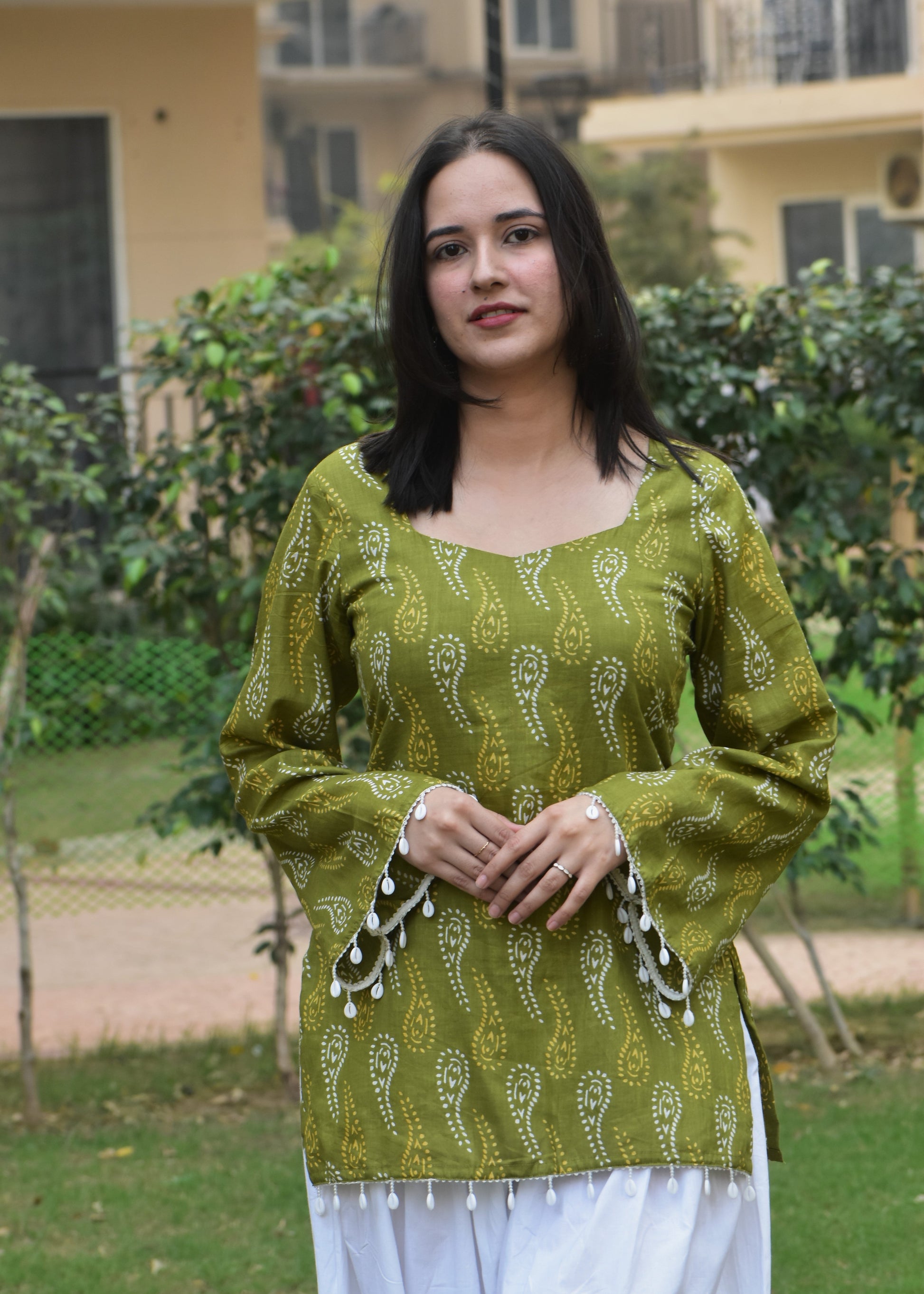 green paisley block print princess neck bell sleeved short kurti