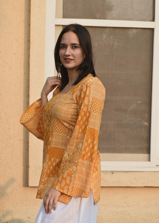 Yellow pakistani bell sleeved short kurti