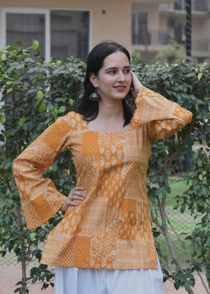 Mustard bell sleeved short kurti- House of Sifar