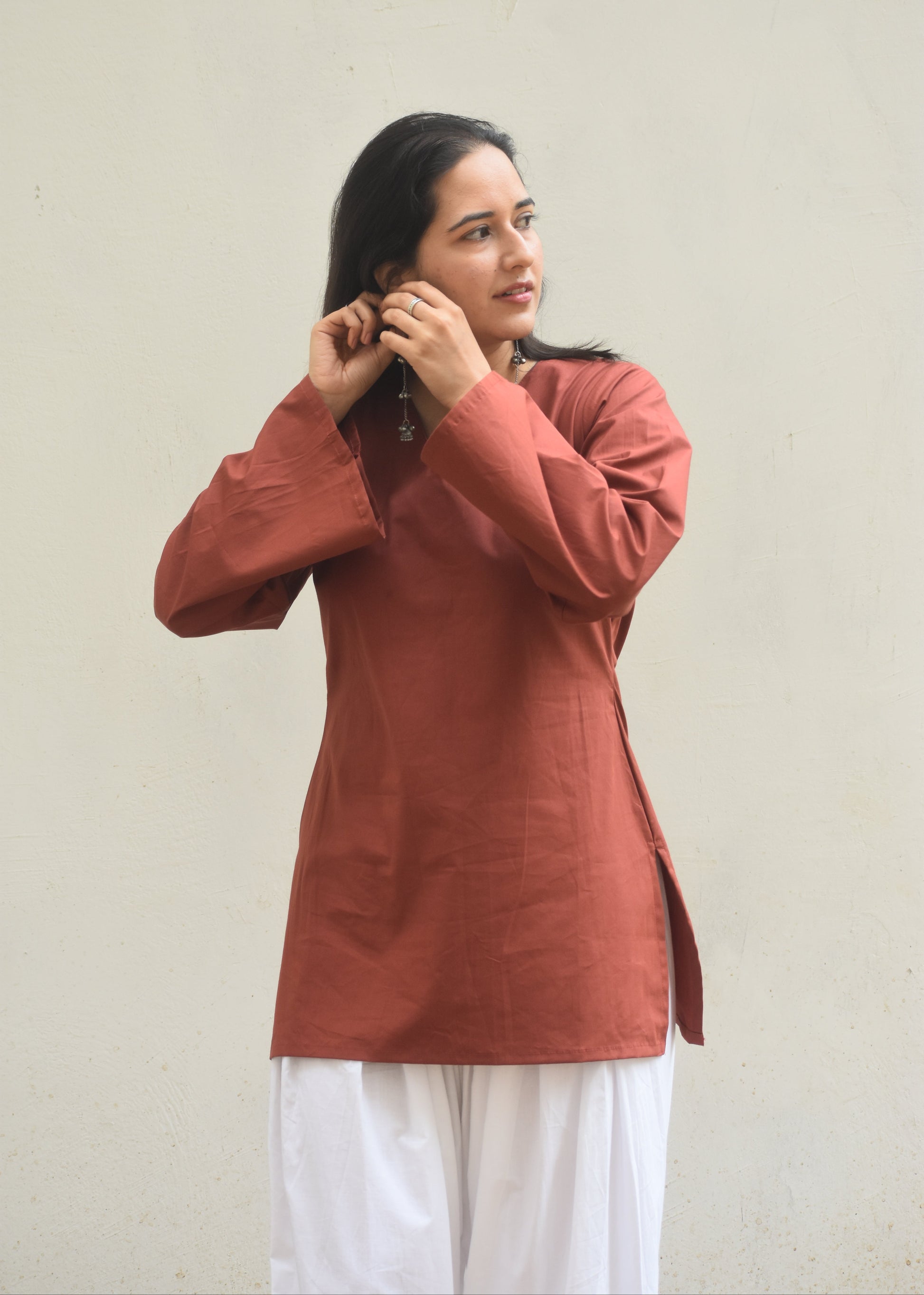 dusty brown short kurti with full sleeves