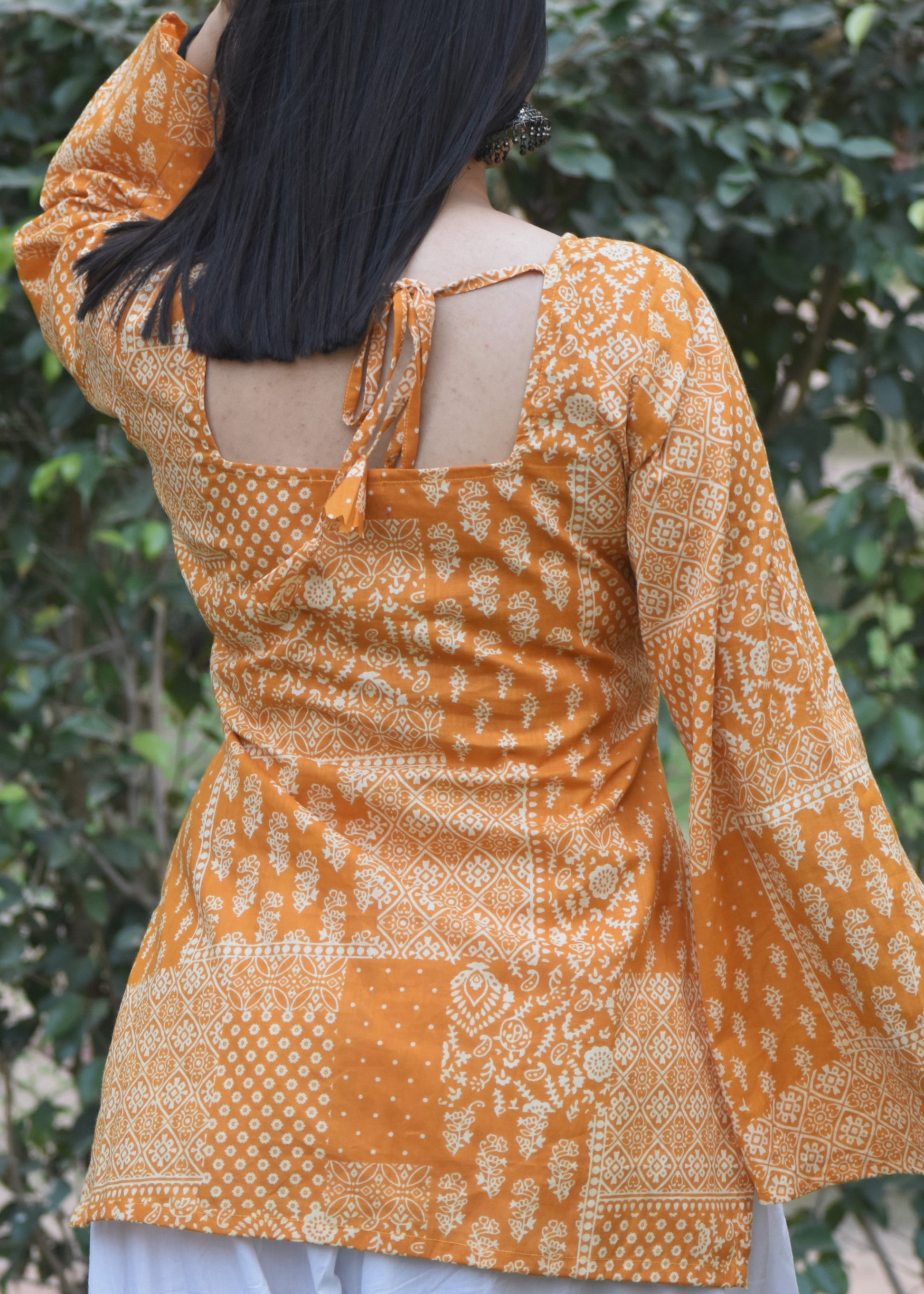 yellow square neck bell sleeved short kurti