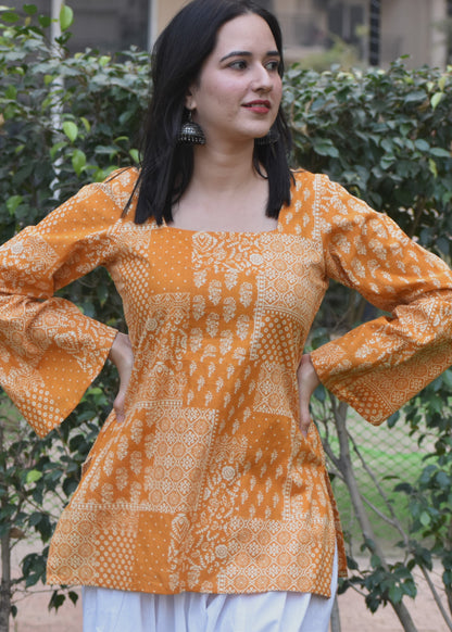 Yellow square neck geometric print bell sleeved short kurti