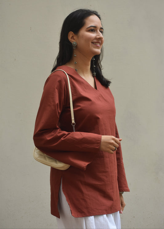 brown plain short kurti with v neck and bell sleeves