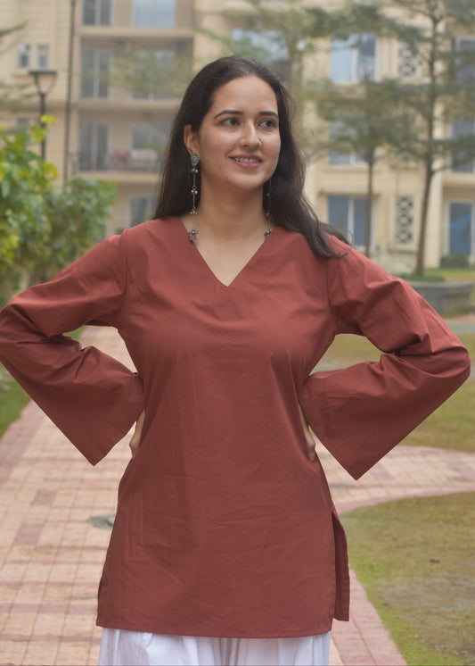 brown Vneck short kurti with bell sleeves