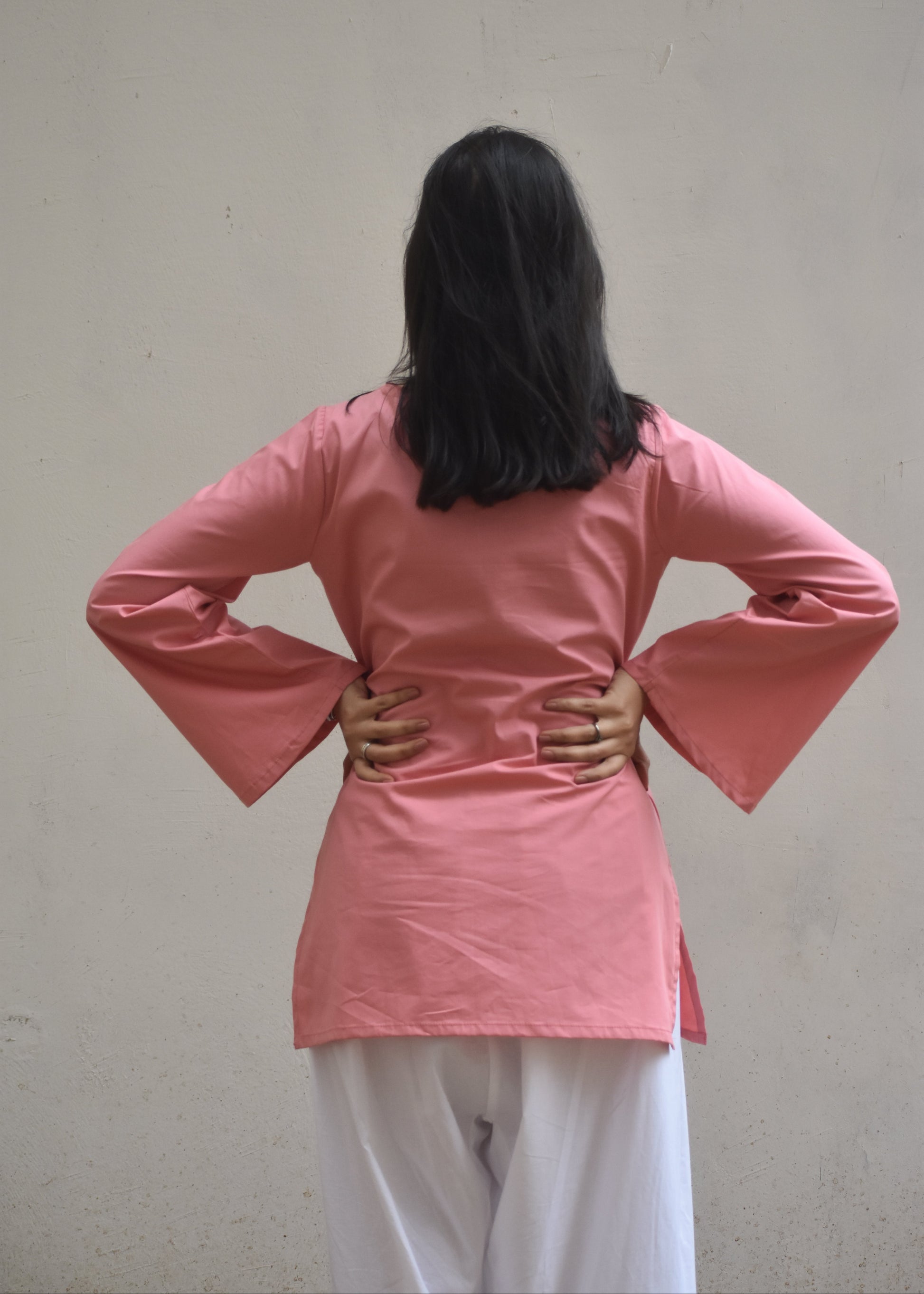 pink plain short kurti with pakistani sleeves