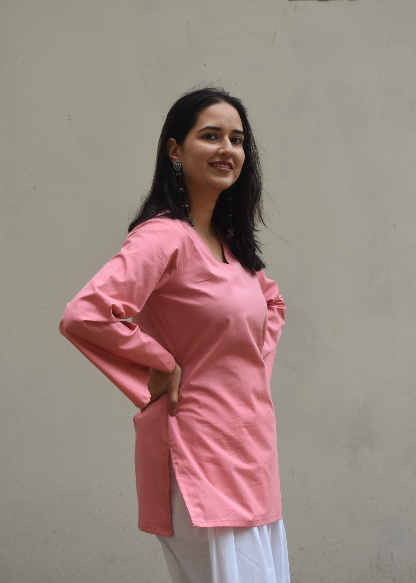 pink short kurti with bell sleeves