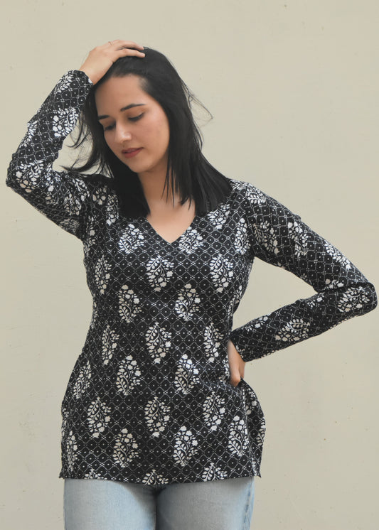 Black and white v-neck short kurti- House of Sifar