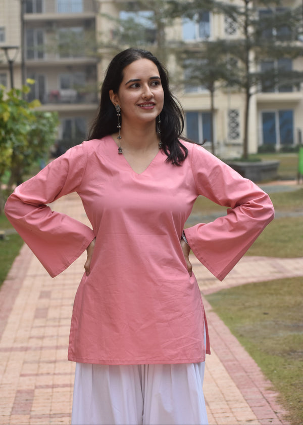 Dusty rose v-neck short kurti with bell sleeves