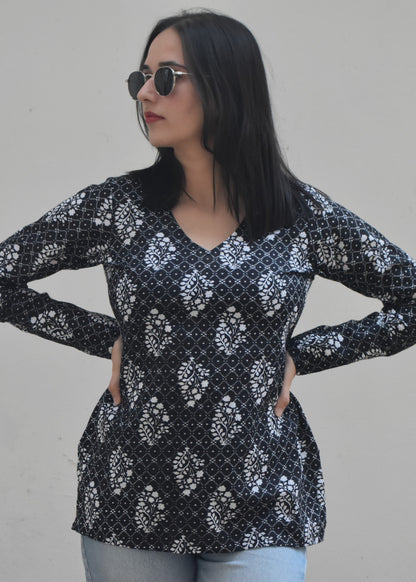 Black and white full sleeved modest short kurti top
