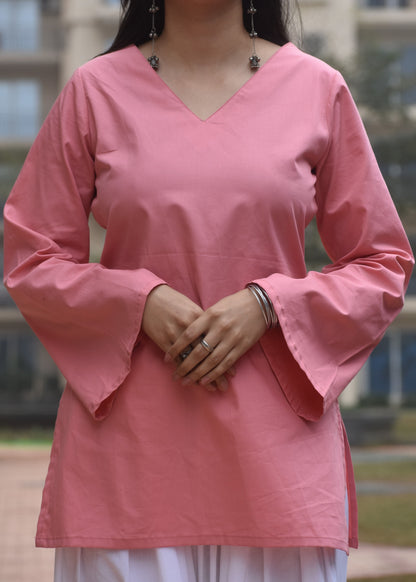 pink plain short kurti with bell sleeves
