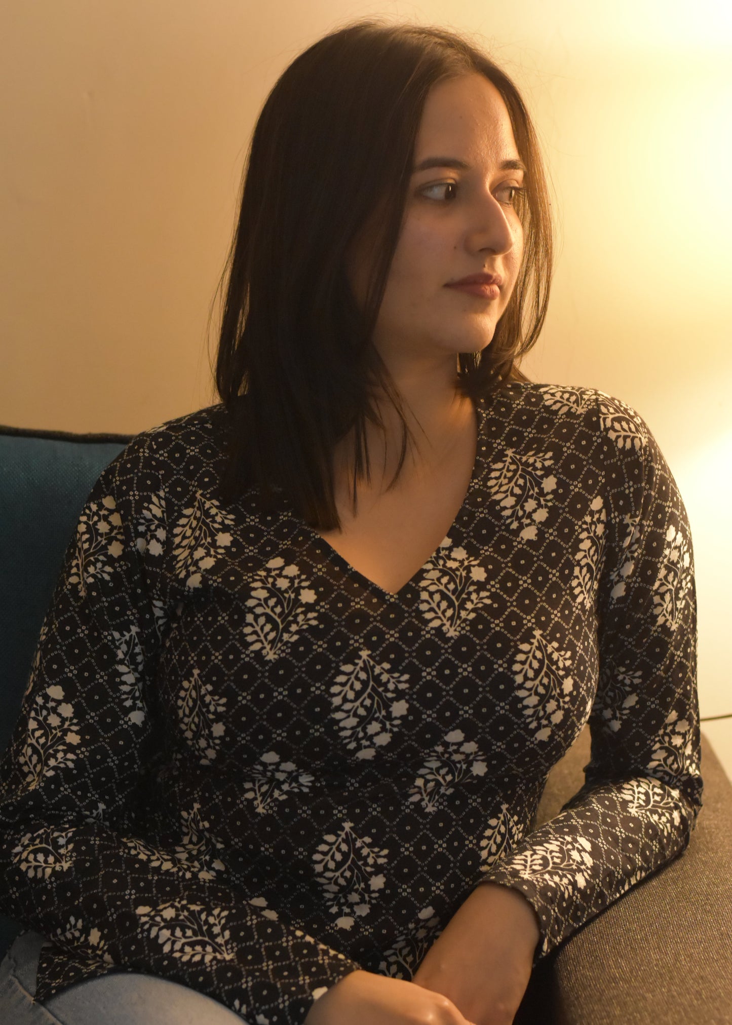 black v-neck floral full sleeved modest short kurti top