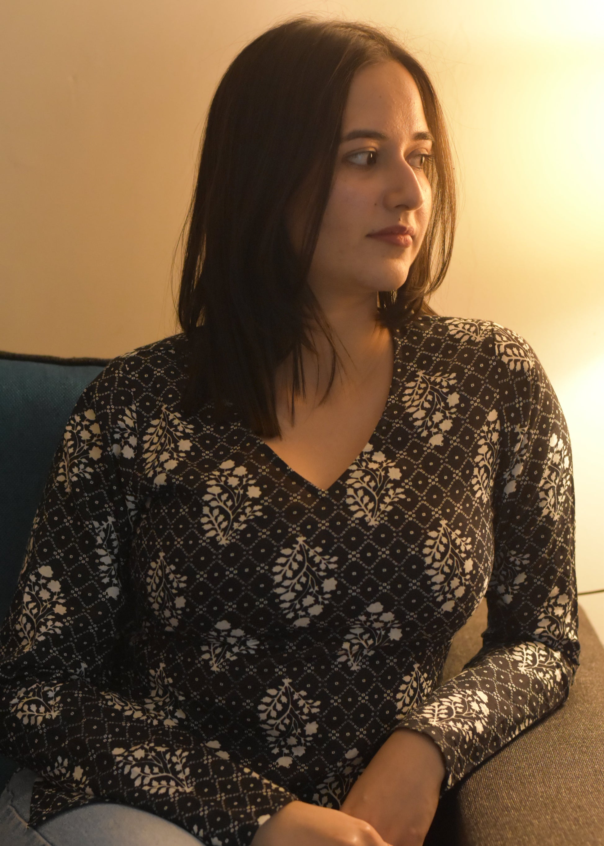 black v-neck floral full sleeved modest short kurti top