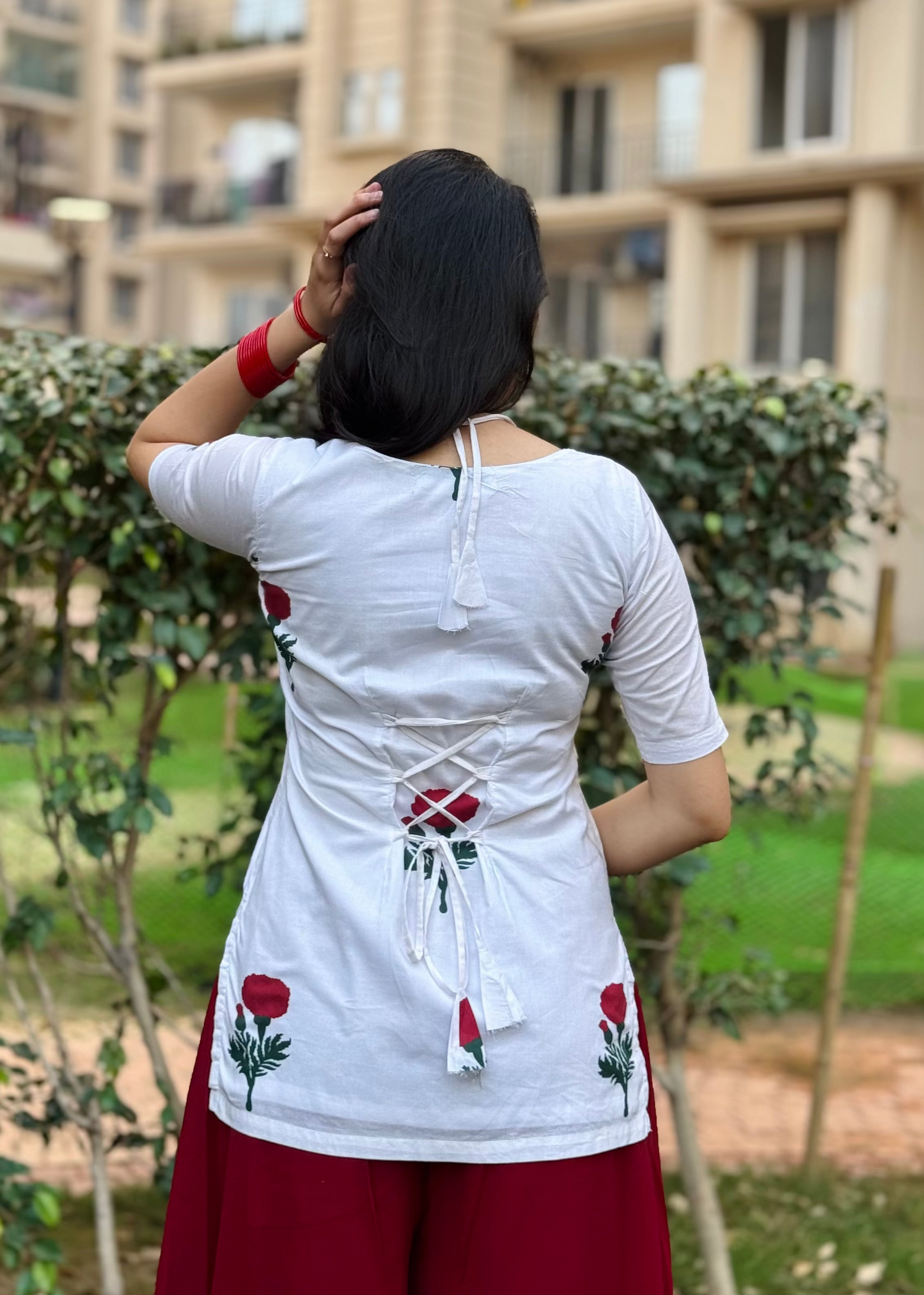 white short kurti with rose blockprint and corset style back