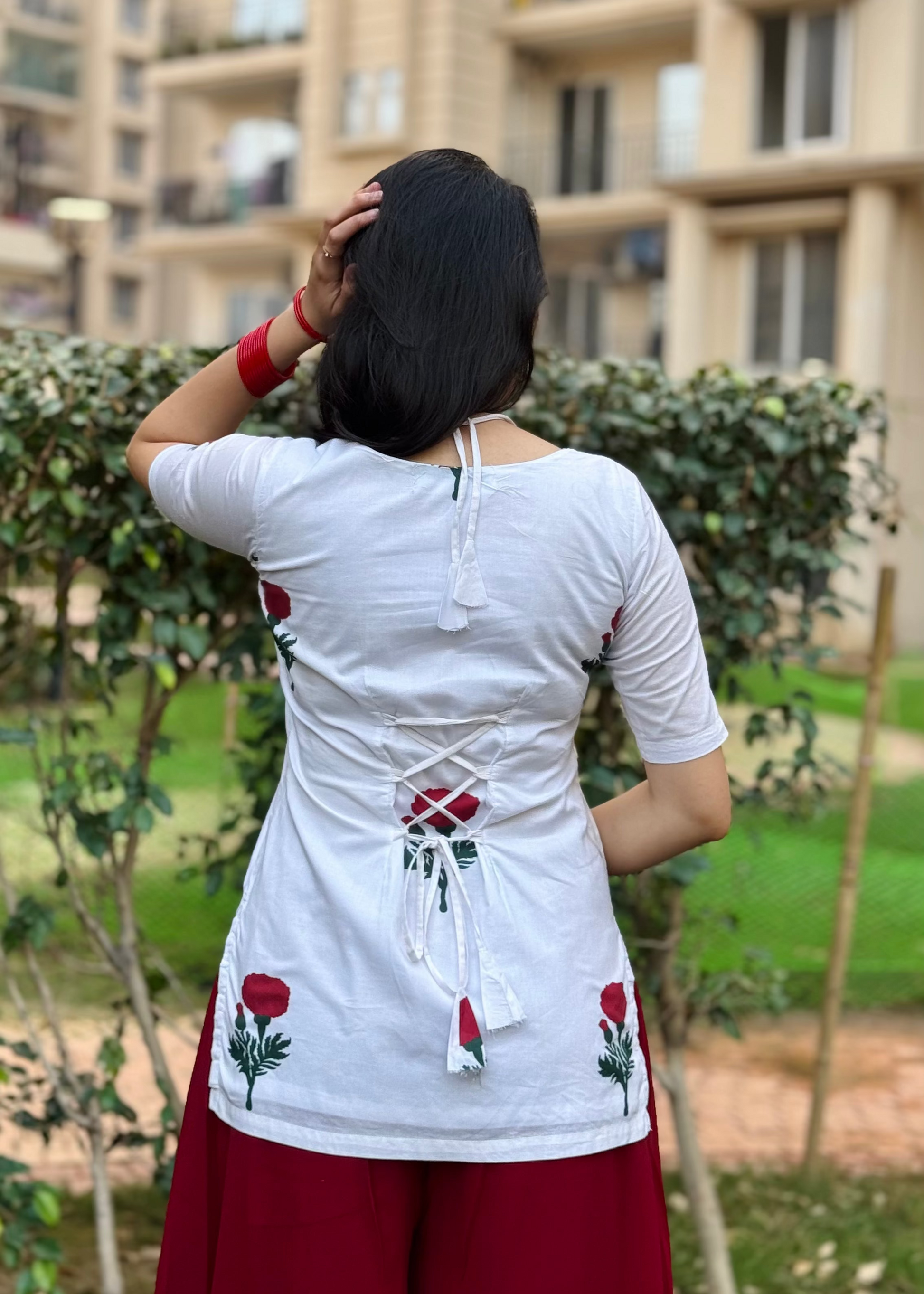 white short kurti with rose blockprint and corset style back