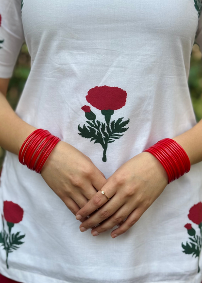 white and red rose  blockprint short kurti with corset back