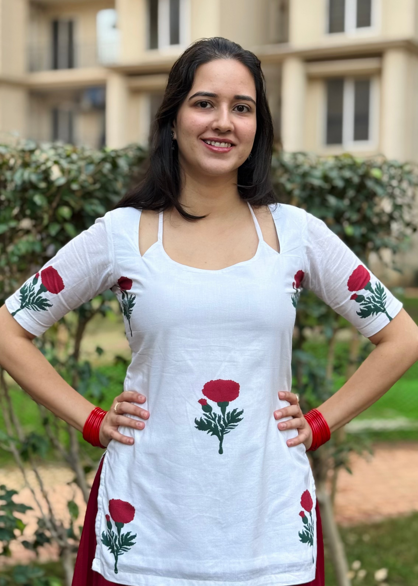 white short kurti with half sleeves and corset back