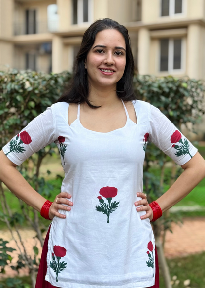 white short kurti with half sleeves and corset back