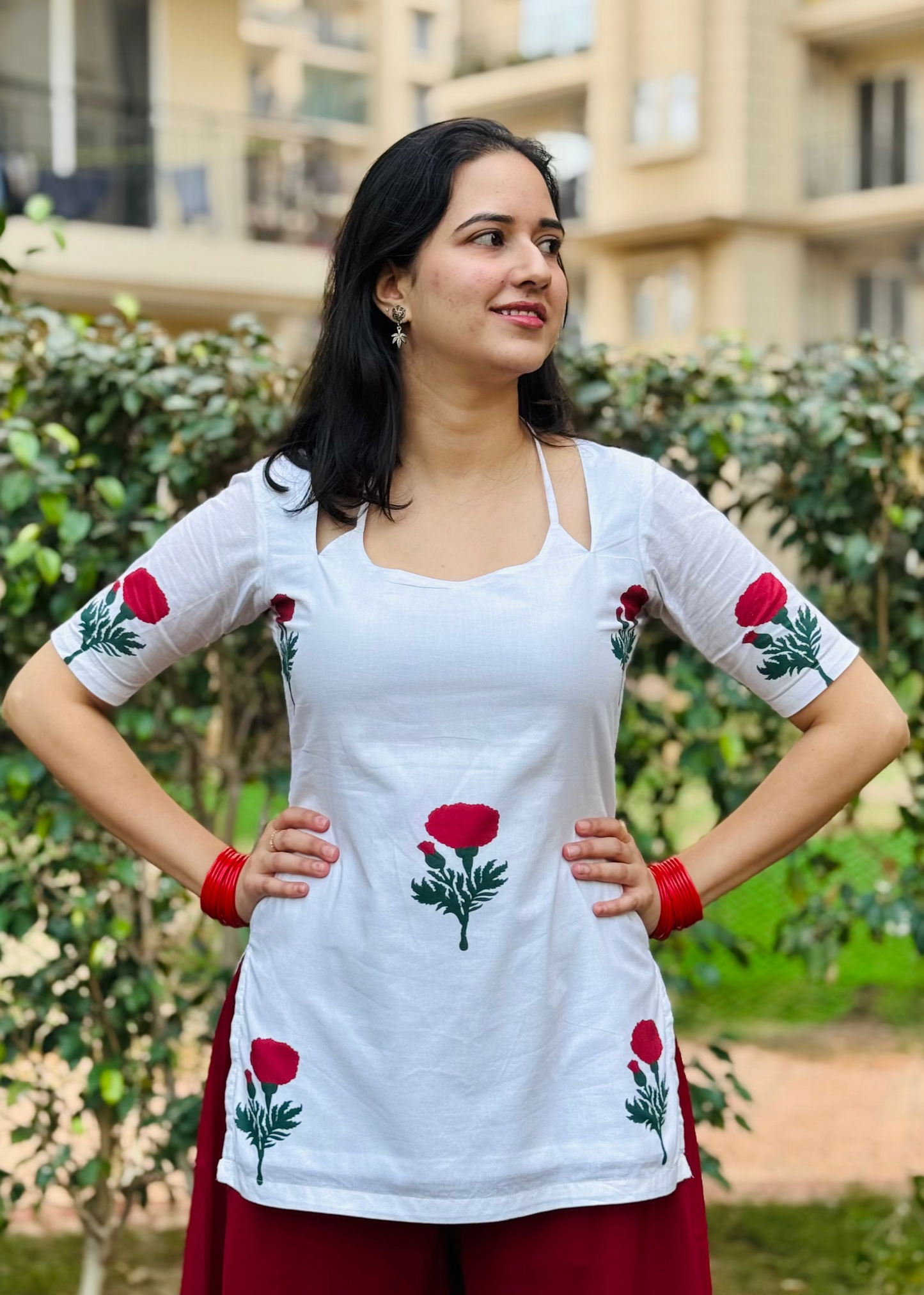 white short kurti with red rose block print and corset back