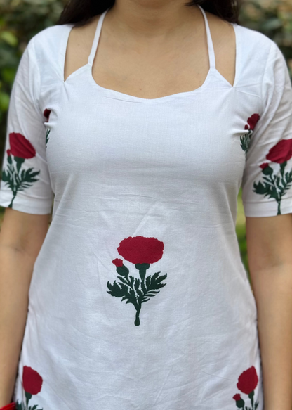white short kurti with red rose blockprint and tie up neckline